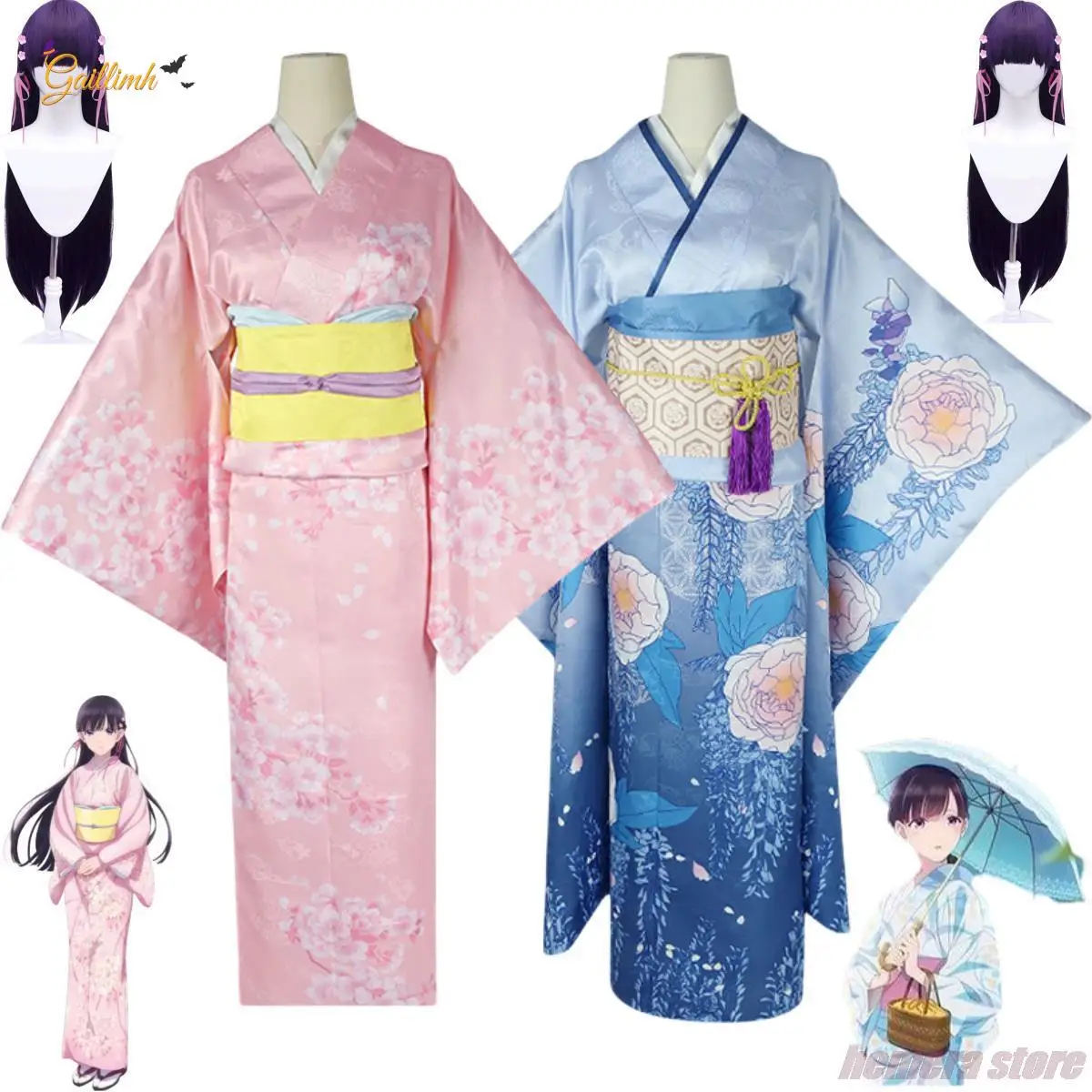 

Anime My Happy Marriage Saimori Miyo Cosplay Costume Wig Japanese Kimono Pink Blue Dress Outfit Woman Kawaii Halloween Suit