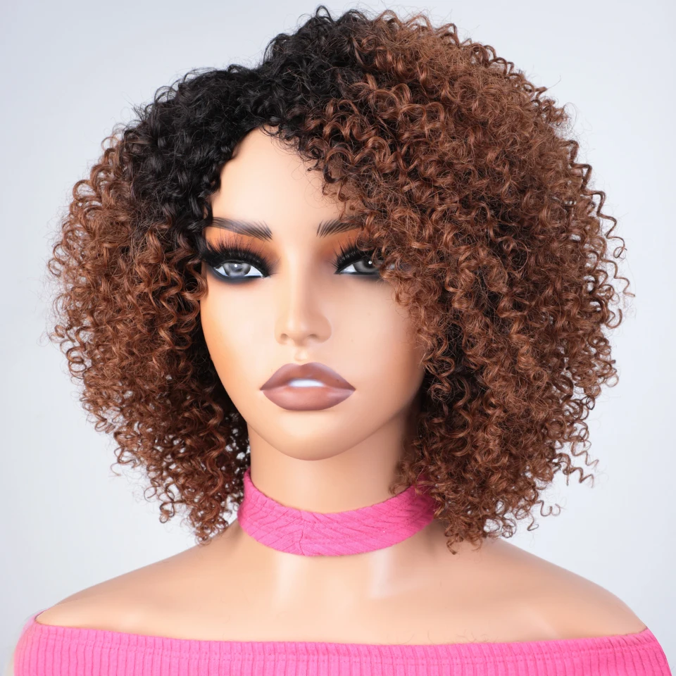 

180D Ombre Short Afro Kinky Curly Human Hair Wigs Blonde Human Hair Wig With Bang Wigs Colored Brazilian Curly Bob Wig For Women