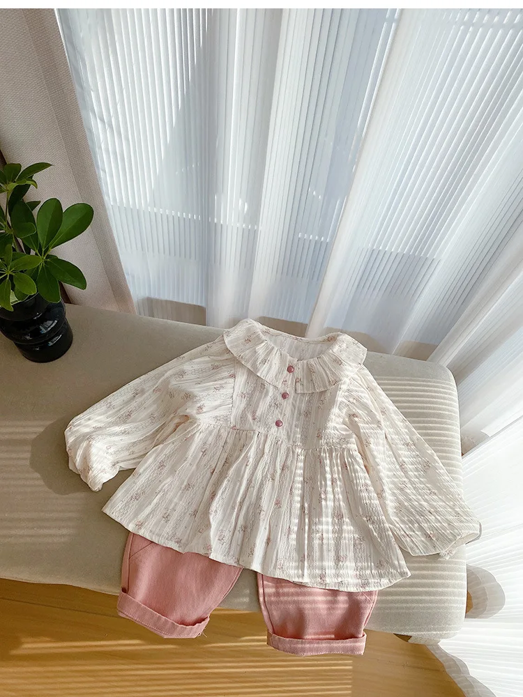 

Комплект рубашки с длинным рукавом и цветочным принтом, весенний пуловер в Корейском стиле, блузка, розовые брюки, милая повседневная одежда для девушек