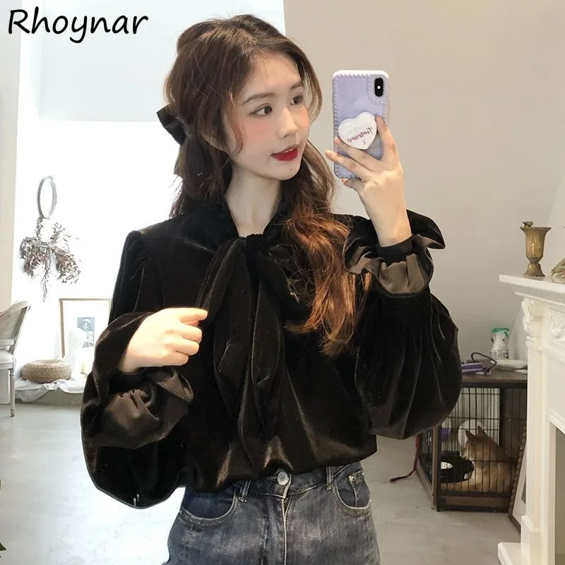 

Long Puff Sleeve Solid Bow Lace-up Shirts Women Spring Autumn Loose Casual Tops Pleated Cozy All-match Ladies Basic Stand Collar