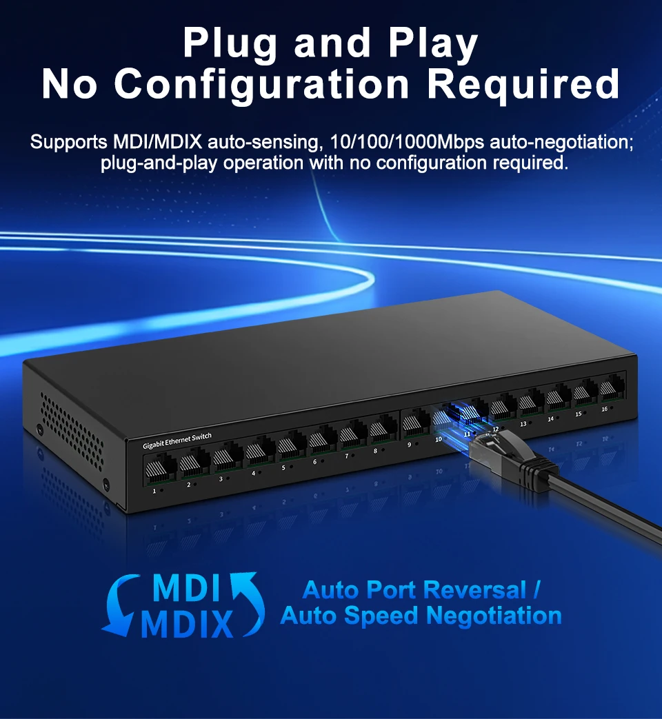 S0f575ffc64cd4f73a69c690fefc92b0cP HORACO 16 Port Gigabit Network Switch Unmanaged 1000M Switch Desktop Plug and Play Fanless Homelab Ethernet Switch