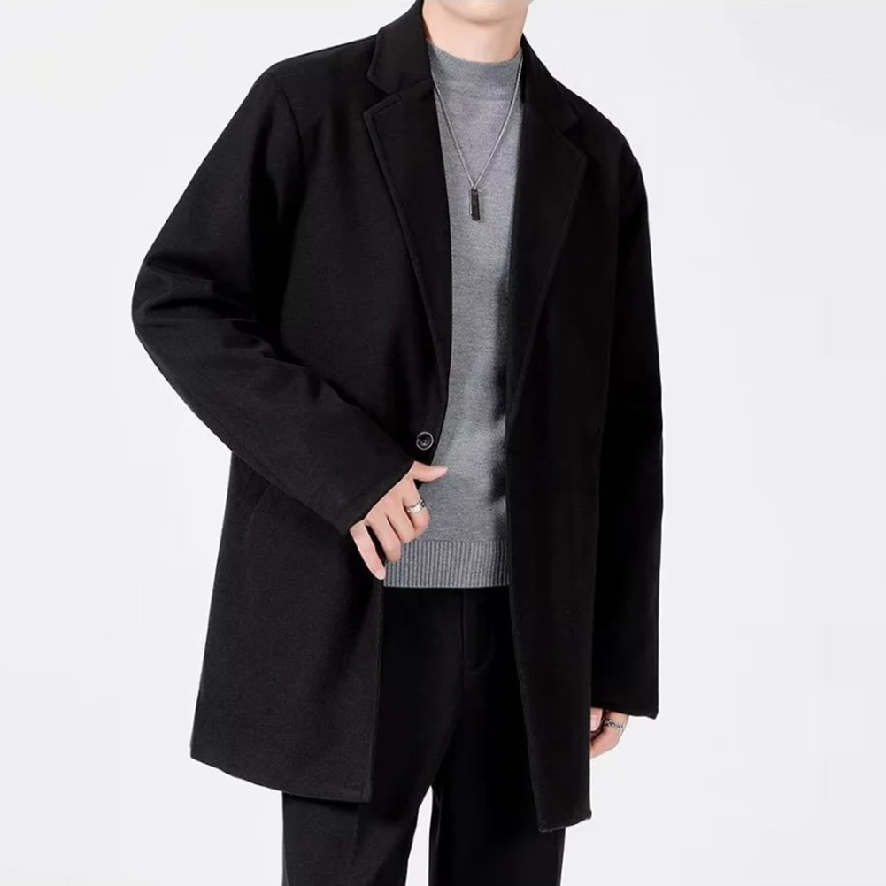 

Comfy Mens Coat Male Overcoat Tops Woolen Cloth Coat Casual Handsome Korean Style Lapel Medium Length Overcoat