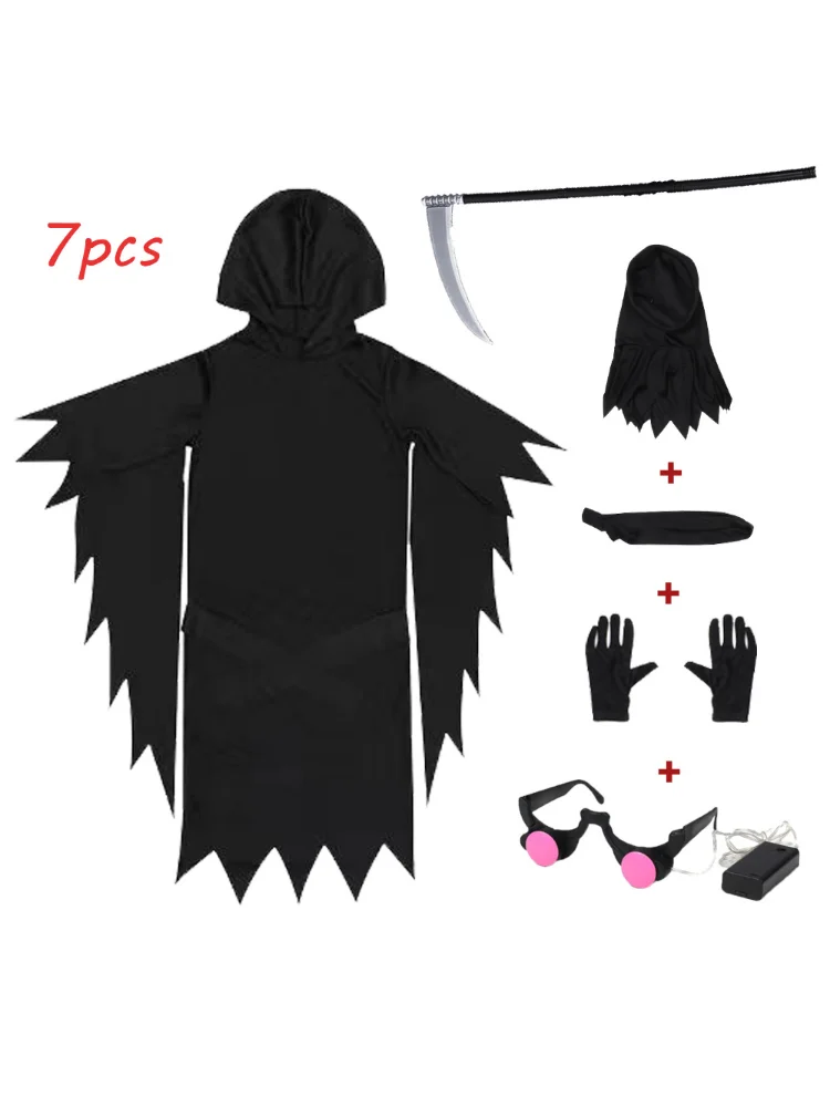 Halloween Kids Horror Skeleton Ghost Red Eye Death Cosplay Costume Sickle Dark Black Clothing Style Suit Without Battery
Halloween Kids Horror Skeleton Ghost Red Eye Death Cosplay Costume Sickle Dark Black Clothing Style Suit Without Battery
