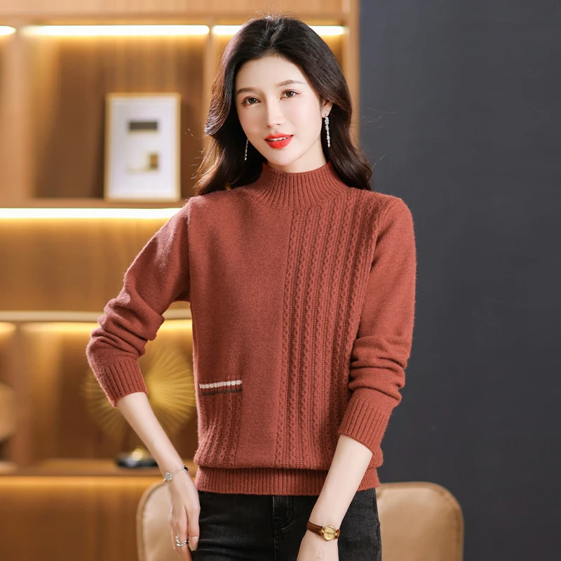 

Autumn Winter Women Cosy Jersey Red Yellow Blue Camel Mock Neck Pullover Sweaters Laides Sculptured Knitwear Soft Warm Tops 2023