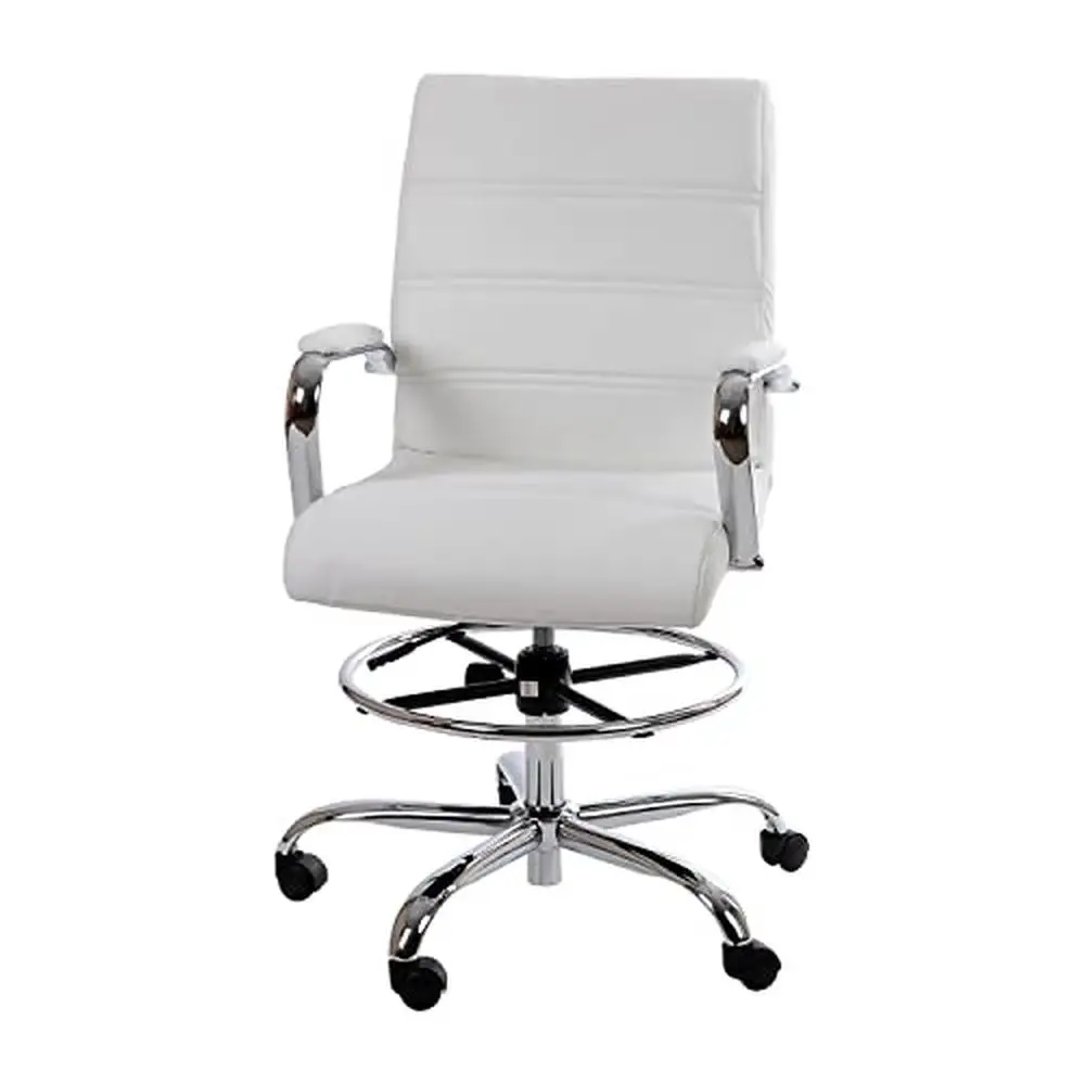 

Регулируемое белое кожаное мягкое чертежное кресло со средней спинкой и кольцом для ног, современный дизайн в рубчик, поддержка поясницы, вращение на 360 °, легкое сиденье