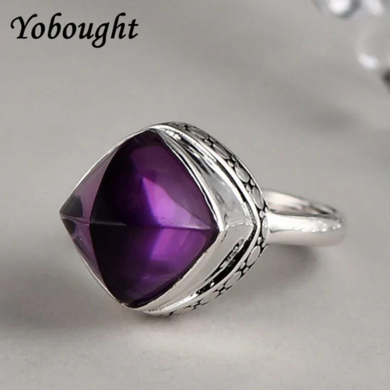 

S925 sterling silver rings for women men new fashion inlaid rhombus natural amethyst zircon vintage punk jewelry free shipping