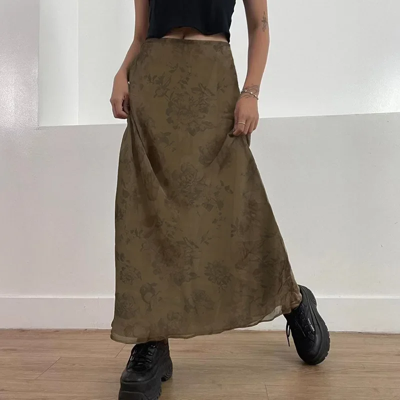 

Autumn Long Skirt Vintage Floral Print Low Rise Ladies Skirts Aesthetic Y2K High Street Retro Mesh Chic Skirt Casual