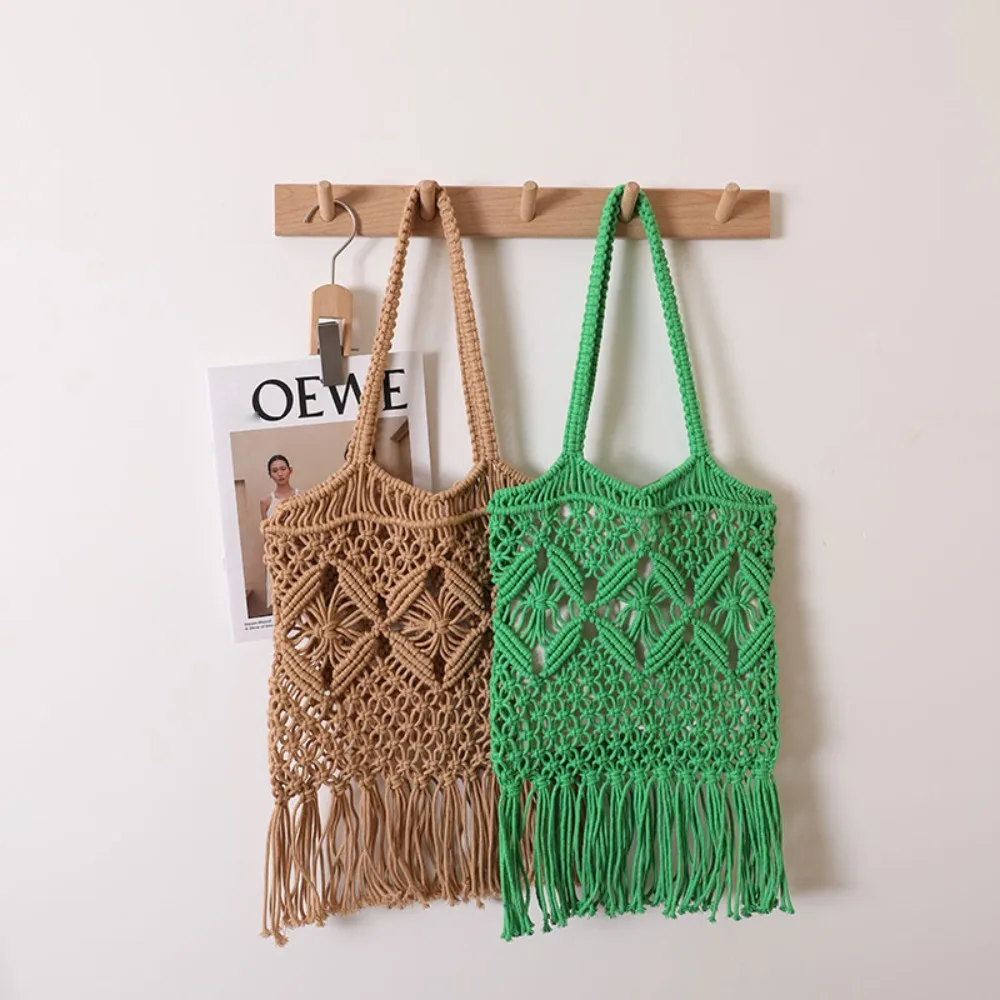 

Solid Color Handmade Woven Bags High Quality with Tassels Woven Fashion Hollow Out Bag Beach Handbag