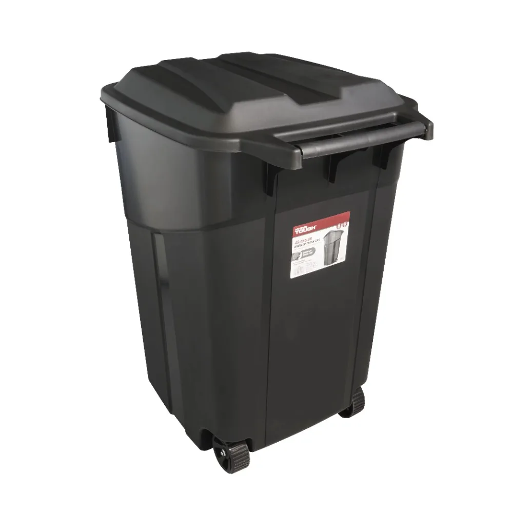 

45 Gallon Wheeled Heavy Duty Plastic Garbage Can, Attached Lid, Black, Trash Bin,26.09 X 21.69 X 33.70 Inches