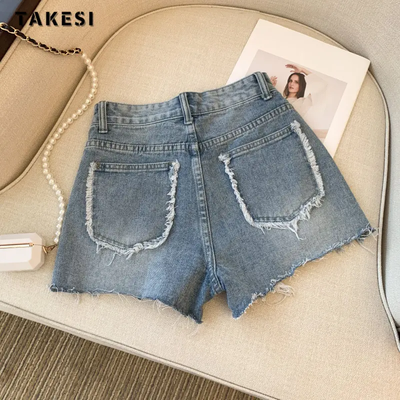 

Hotsweet High Waist 90S Harajuku Blue Denim Shorts Women's Fashion Casual Sexy Slim Fit Y2K Streetwear Tassels Jean Short