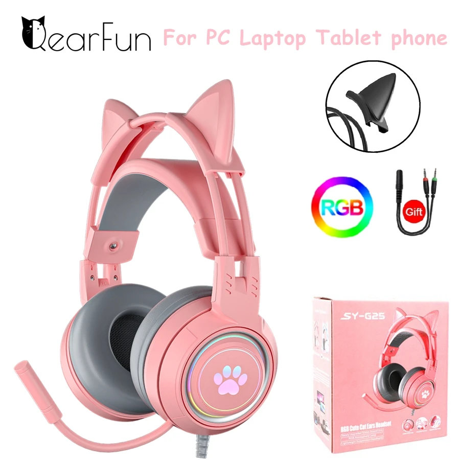 Фото Игровые наушники Pink Girls Cat с микрофоном для ноутбука RGB LED шумоподавлением Стерео