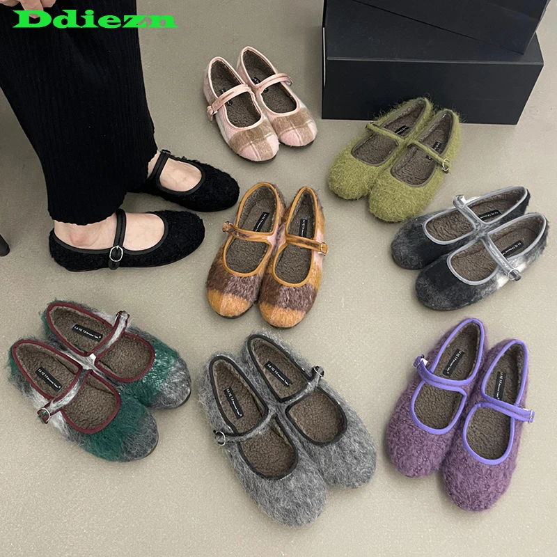 

Furry Shoes Footwear Ballet Flats For Women Buckle Warm Fashion Round Toe Female Lolita Style Shallow Ladies Fur Dance Shoes