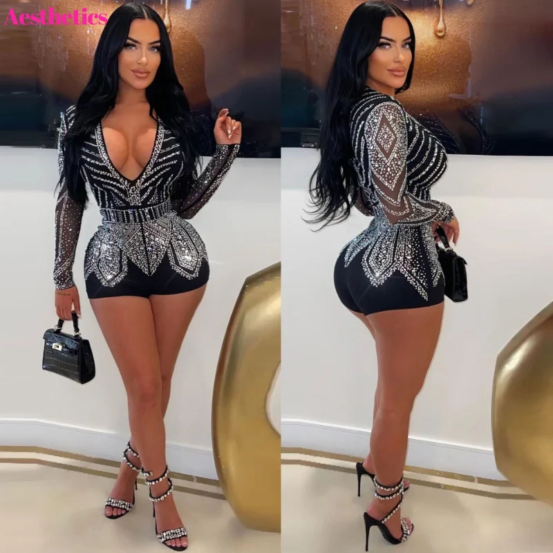 

Women Diamonds Sheer Mesh Playsuits Sexy Plunge V Neck Full Sleeve Zipper Skinny Shorts Jumpsuits Club Birthday Party Rompers