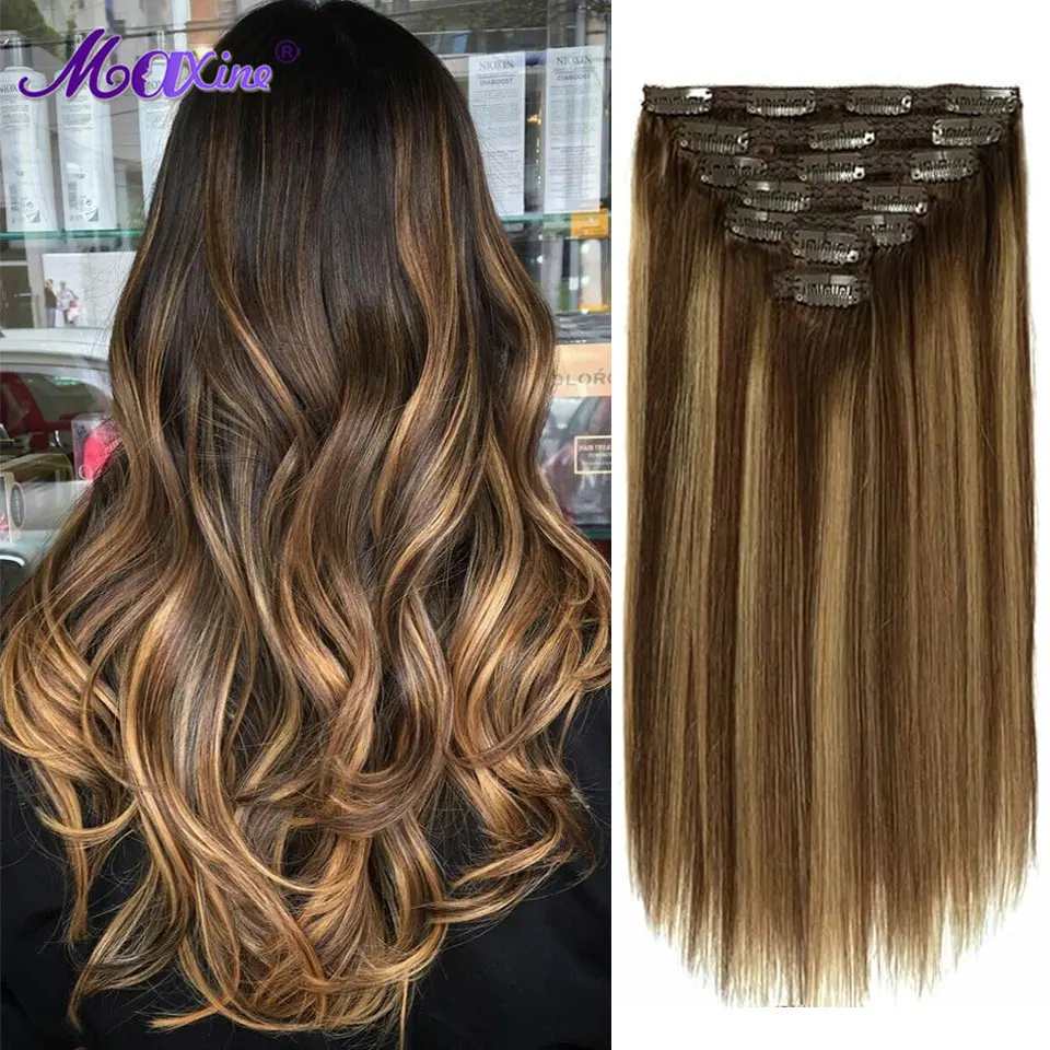 

Maxine Clip in Human Hair Extensions Silky Straight Full Head 100% Real Remy Hair 120g/Set 8pcs Highligh Brown Hair Extensions