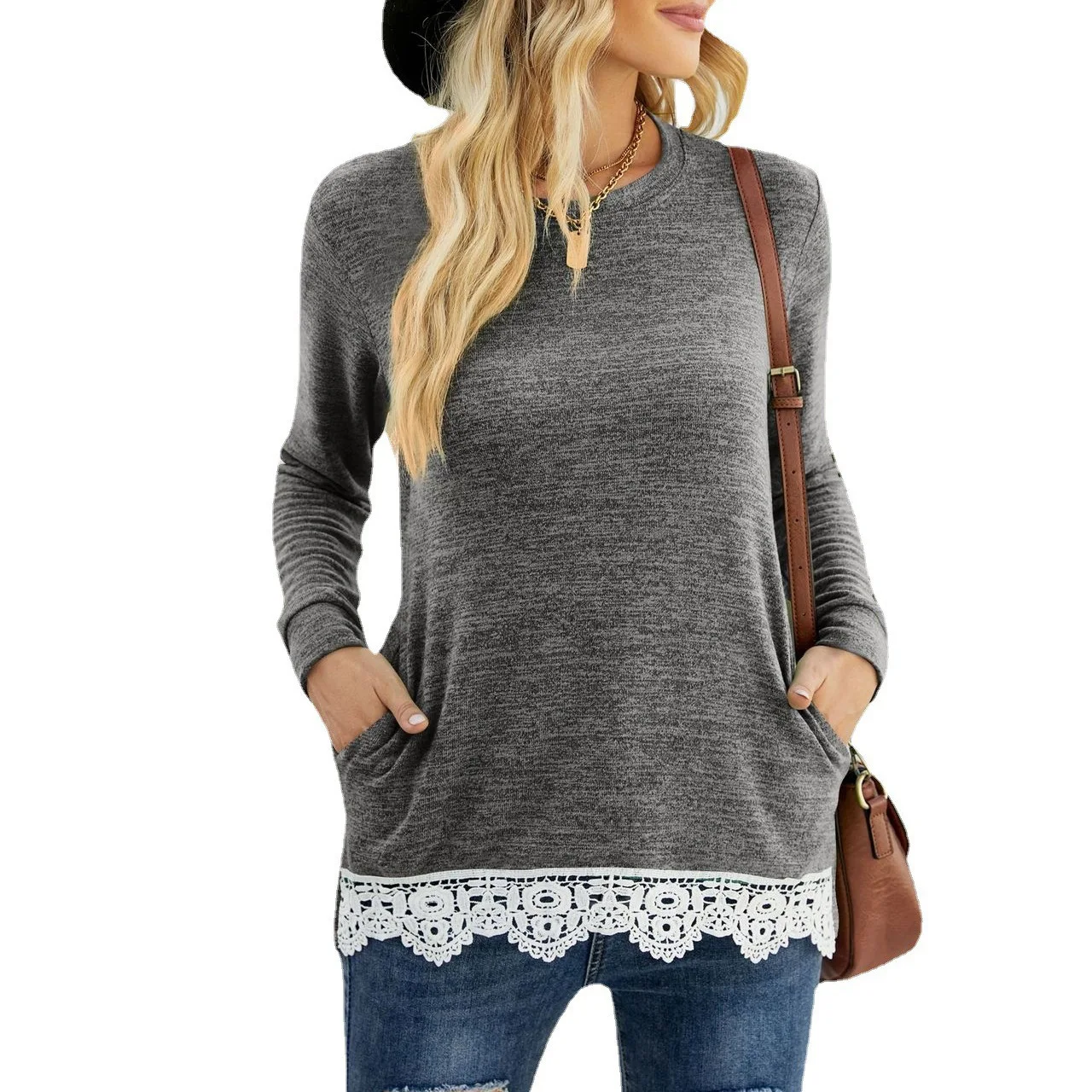 T-shirt for Women Autumn and Winter Fashion Round Collar Loose Casual Pullover Pocket Lace Splicing Blouse
T-shirt for Women Autumn and Winter Fashion Round Collar Loose Casual Pullover Pocket Lace Splicing Blouse