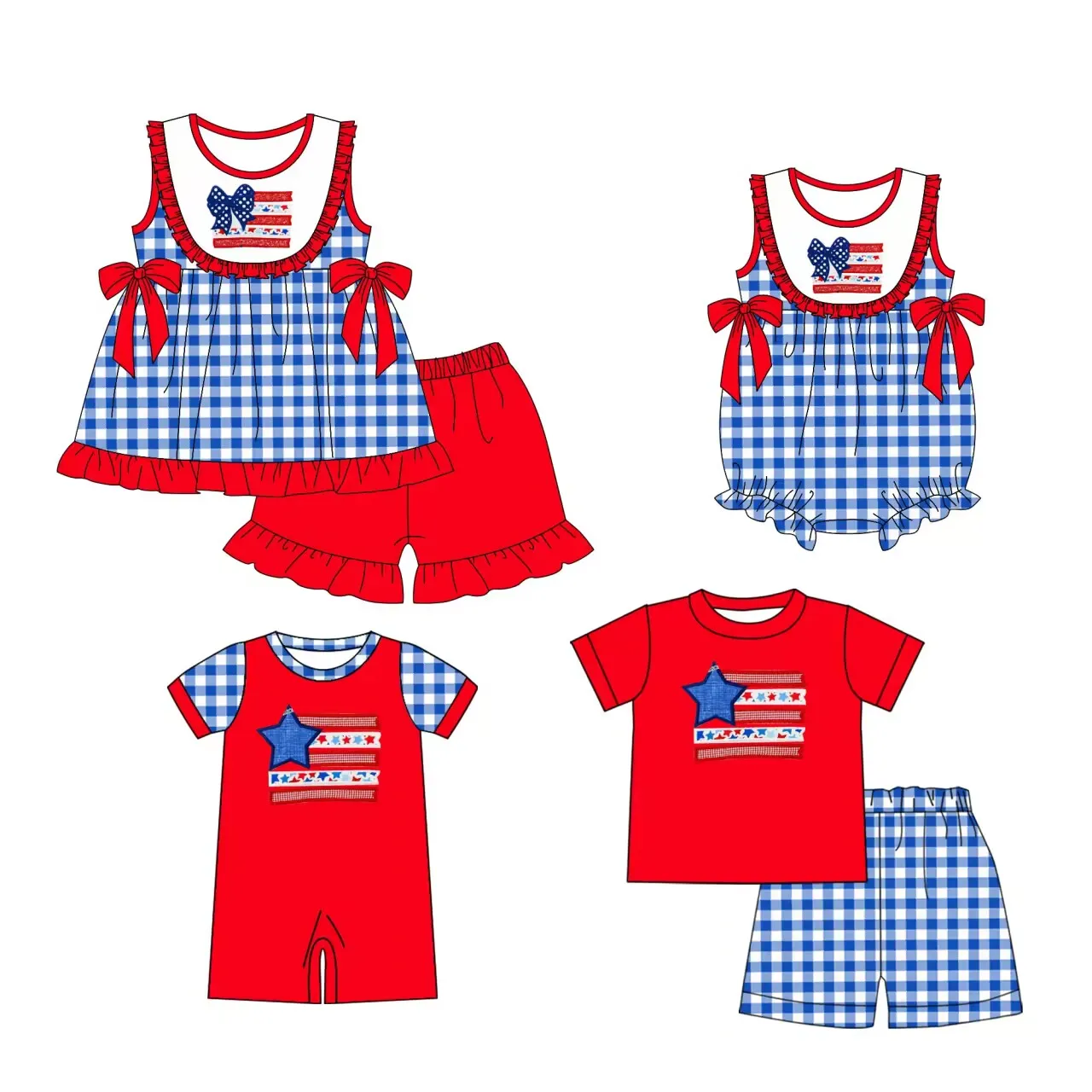 

Hot selling styles girls outfit sets boys sets clothing red blue short sleeve set romper fashion baby clothing boutique clothes