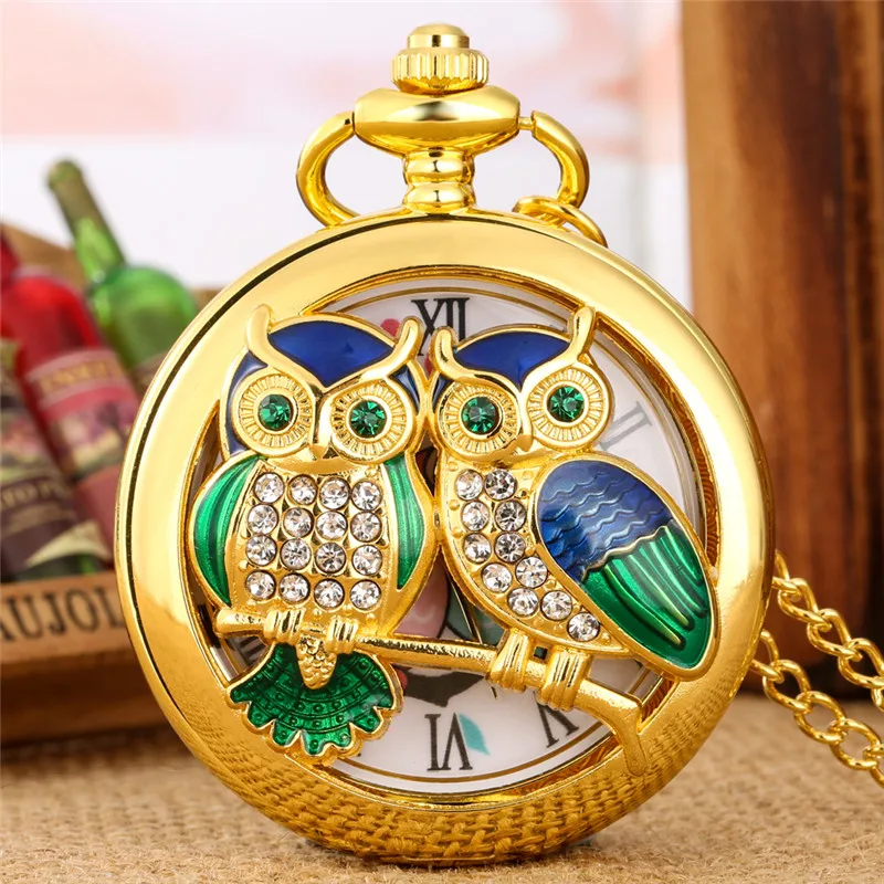 

Luxury Yellow Gold Hollow Out Night Owl Design Unisex Quartz Analog Pocket Watch with Sweater Fob Chain Collectable Gift Reloj