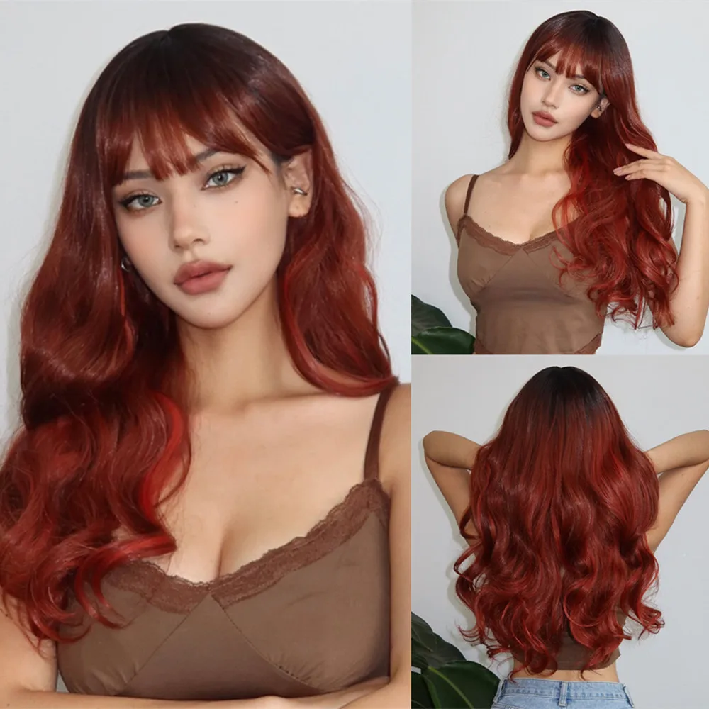 

HENRY MARGU Ombre Red Wavy Synthetic Wigs for Women Long Auburn Dark Roots Wig Heat Resistant Fiber Natural Looking Hair Daily