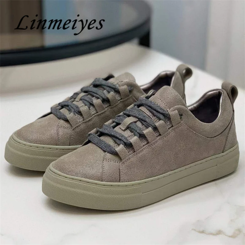 

Hot Selling Flat Casual Shoes Women Round Toe Lace Up Loafers Leisure Walk Shoes Female Cow Suede Beading Run Shoes Woman