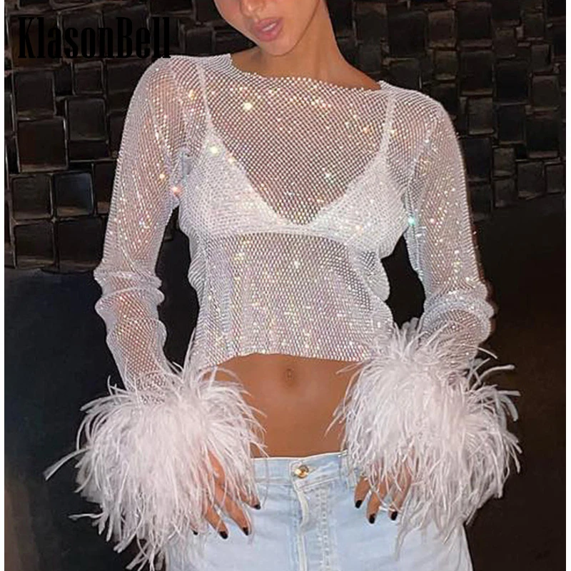 

3.4 KlasonBell Elegant Chic Bling Diamonds Mesh Hollow Out Sexy Top Women Clothes Cuff Spliced Feather Long Sleeve T-Shirt