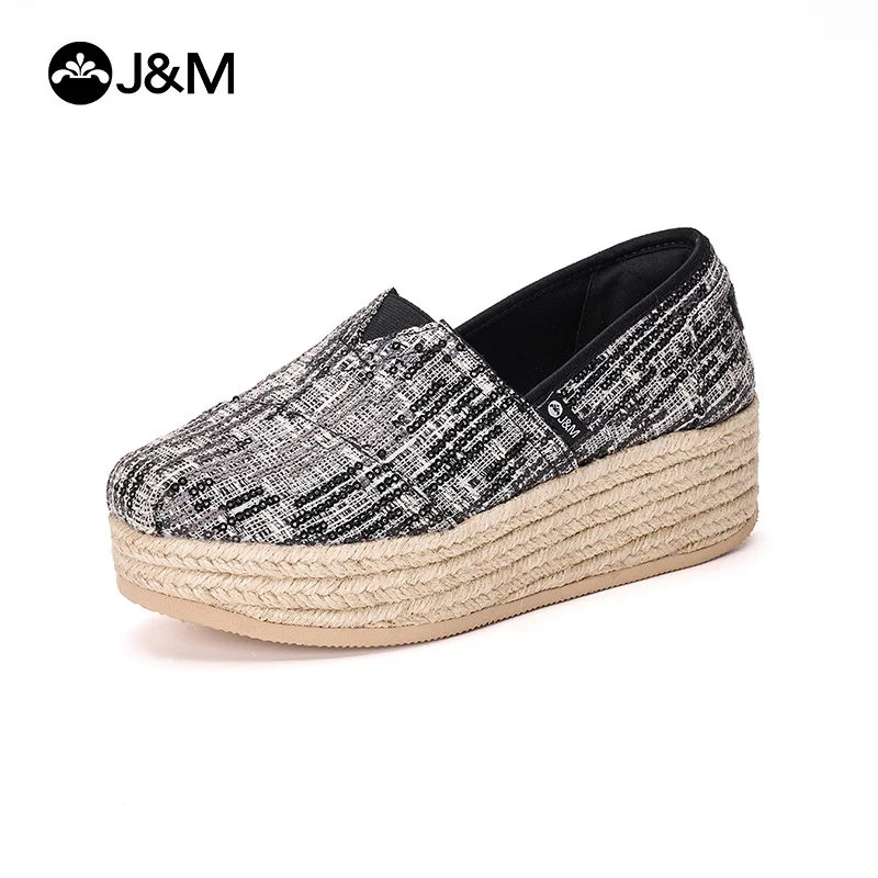 

J&M Casual Shoes Women Loafers Wedges Fashion Sequins Espadrilles Shoes Summer Platform Slip-on Fisherman Shoes Black Sneakers