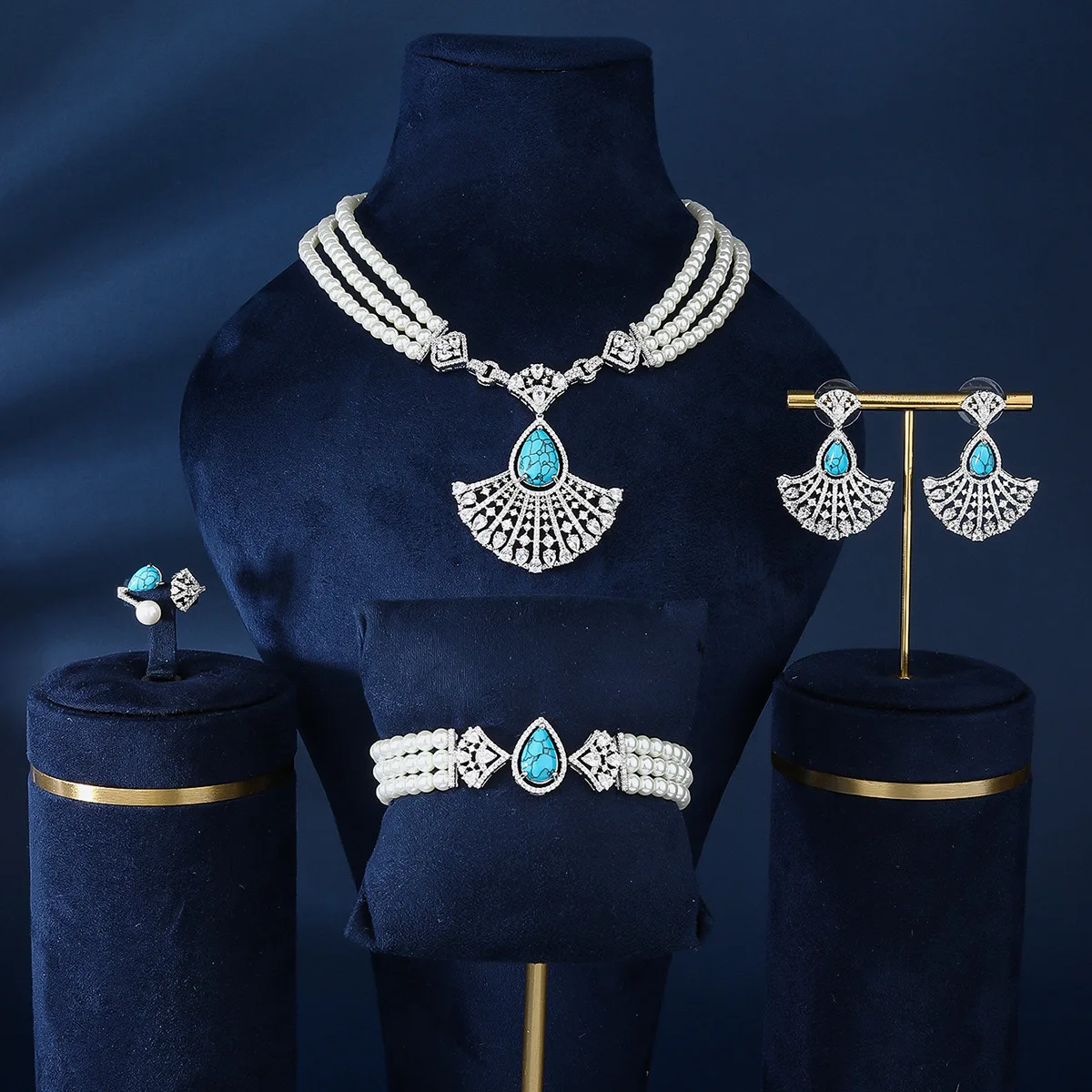 

EYER 4pcs Bridal Cubic Zircon Pearls Jewelry Sets Turquoise Necklace Choker For Women Party Luxury Dubai CZ Wedding Jewelry Sets