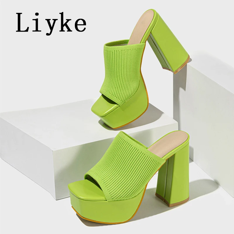 

Liyke Summer Fashion Green Knitting Women's Slippers Banquet Nightclub Platform Chunky High Heels Slide Mule Shoes Female Sandal