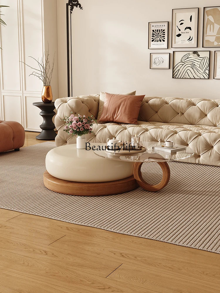 2024 French Cream Style Tea Table Combination Italian Minimalist round Tempered Glass Tea Table 
2024 French Cream Style Tea Table Combination Italian Minimalist round Tempered Glass Tea Table