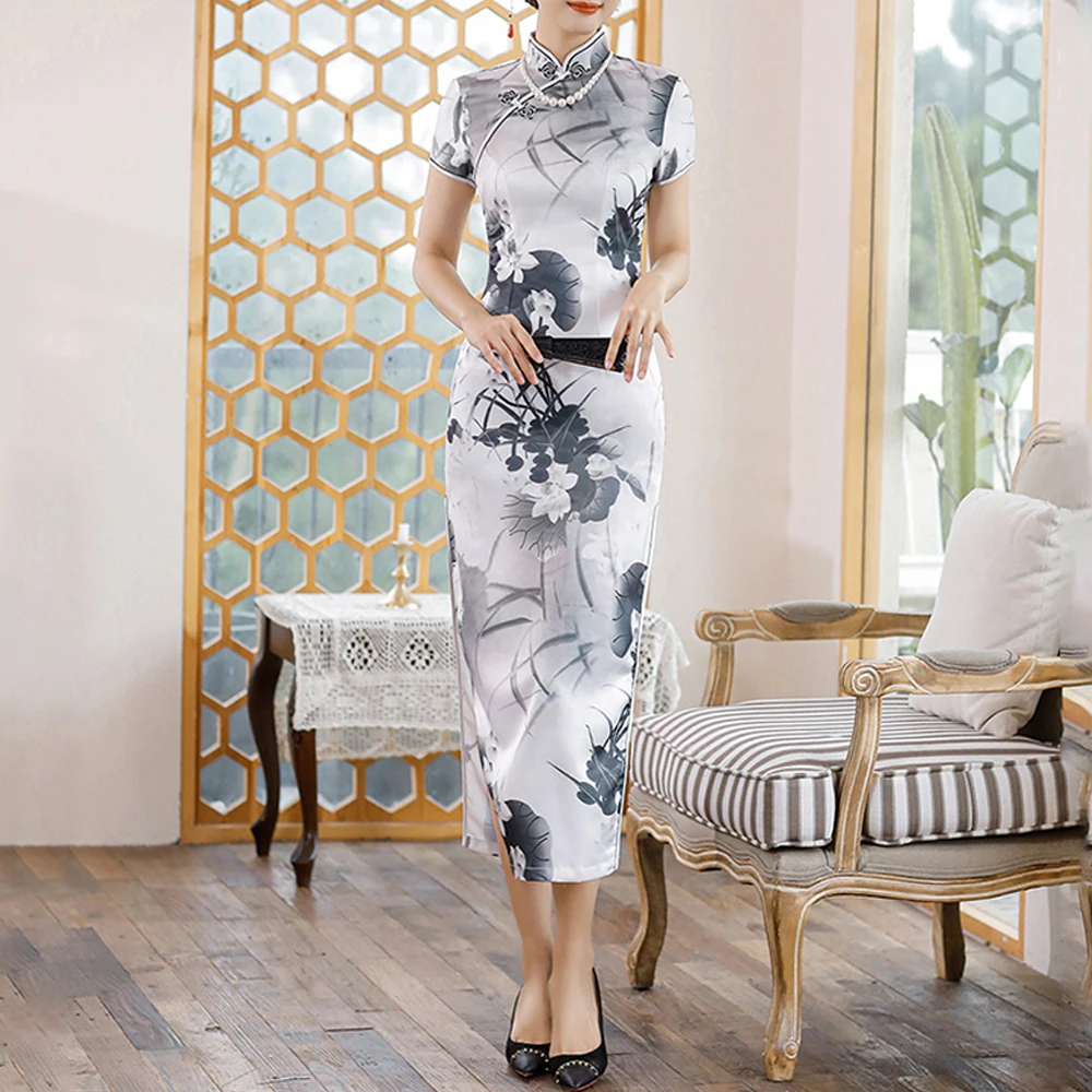 

Chineses Traditional Cheongsam Women Long Qipao Lady Slim Retro Cocktail Dress Banquet Show Chinese Style Satin Cheongsam A30