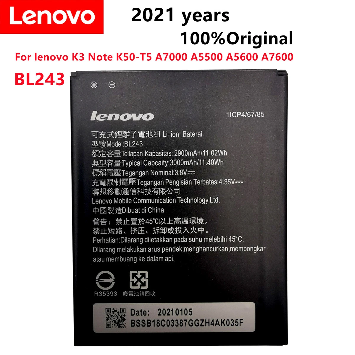 

2021 New BL 243 BL243 Battery For lenovo Lemon K3 Note K50-T5 A7000 A5500 A5600 A7600 2900mAh Mobile Phone Backup Bateria