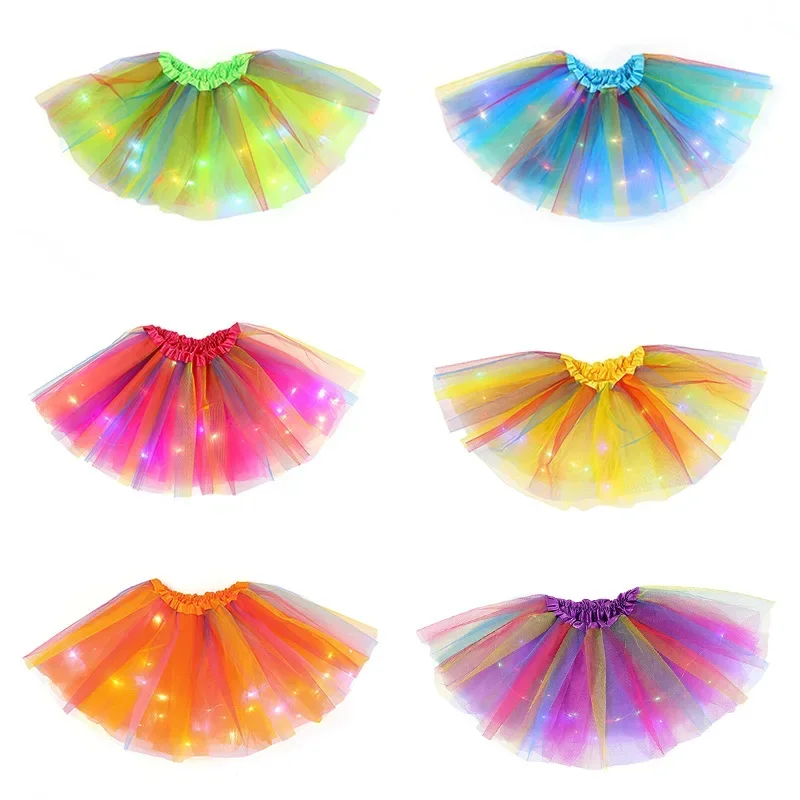 

LED Glowing Light Girls Skirts Ballet Dance Rainbow Tulle Skirt Short Tutu Ballet Dancewear Party Costume Ball Gown Mini skirt