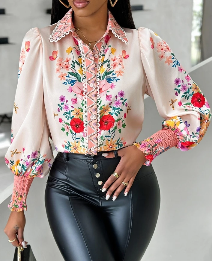 

2024 Spring Women Elegant Shirt Tops Commuter Work Blouse Floral Print Turn-down Collar Button Shirred Lantern Long Sleeve Top