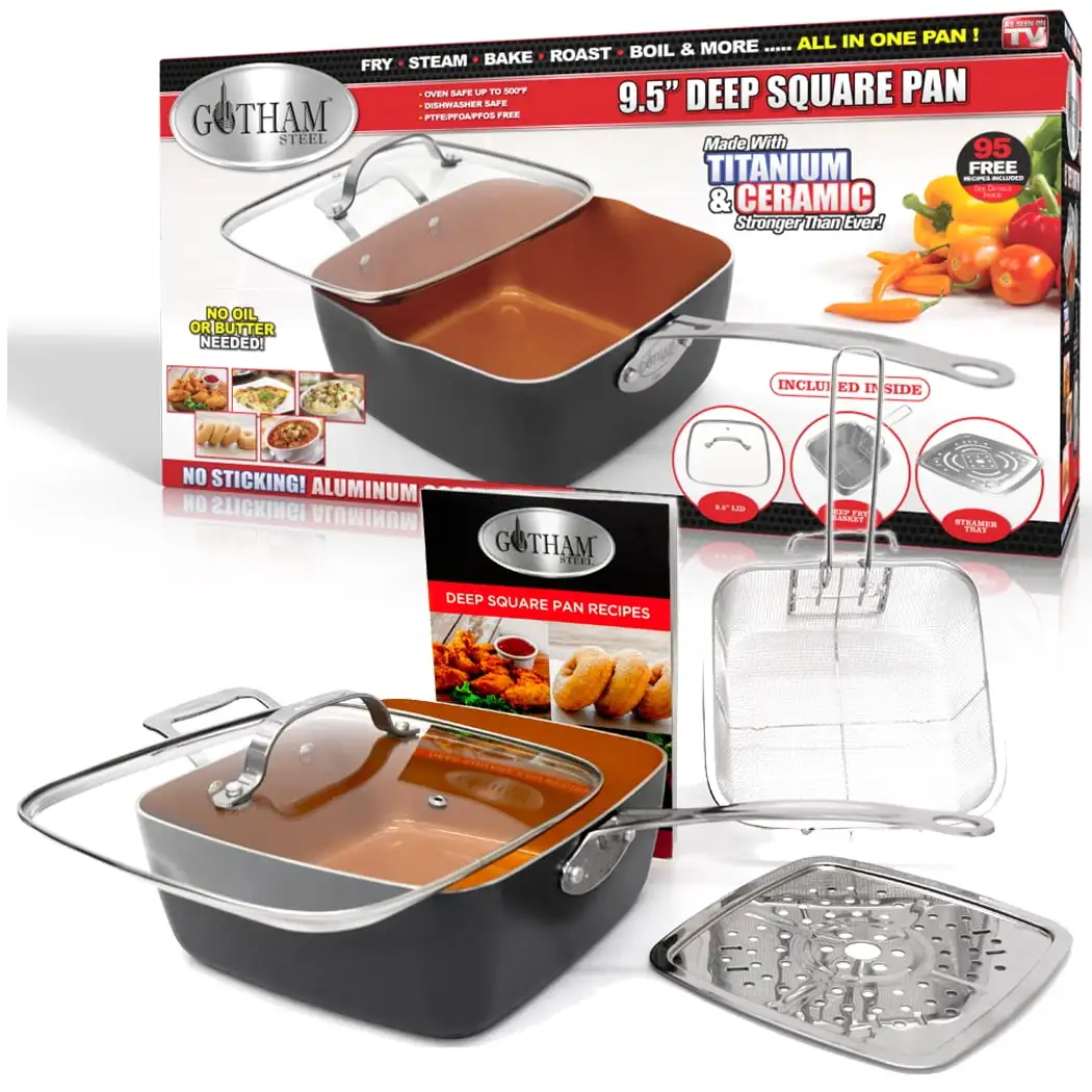 6 Quart XL Nonstick Copper Deep Square All in One 6 Qt Casserole Chef’s Pan&Stock Pot-4 Piece Set Dishwasher Safe pots and pans
6 Quart XL Nonstick Copper Deep Square All in One 6 Qt Casserole Chef’s Pan&Stock Pot-4 Piece Set Dishwasher Safe pots and pans