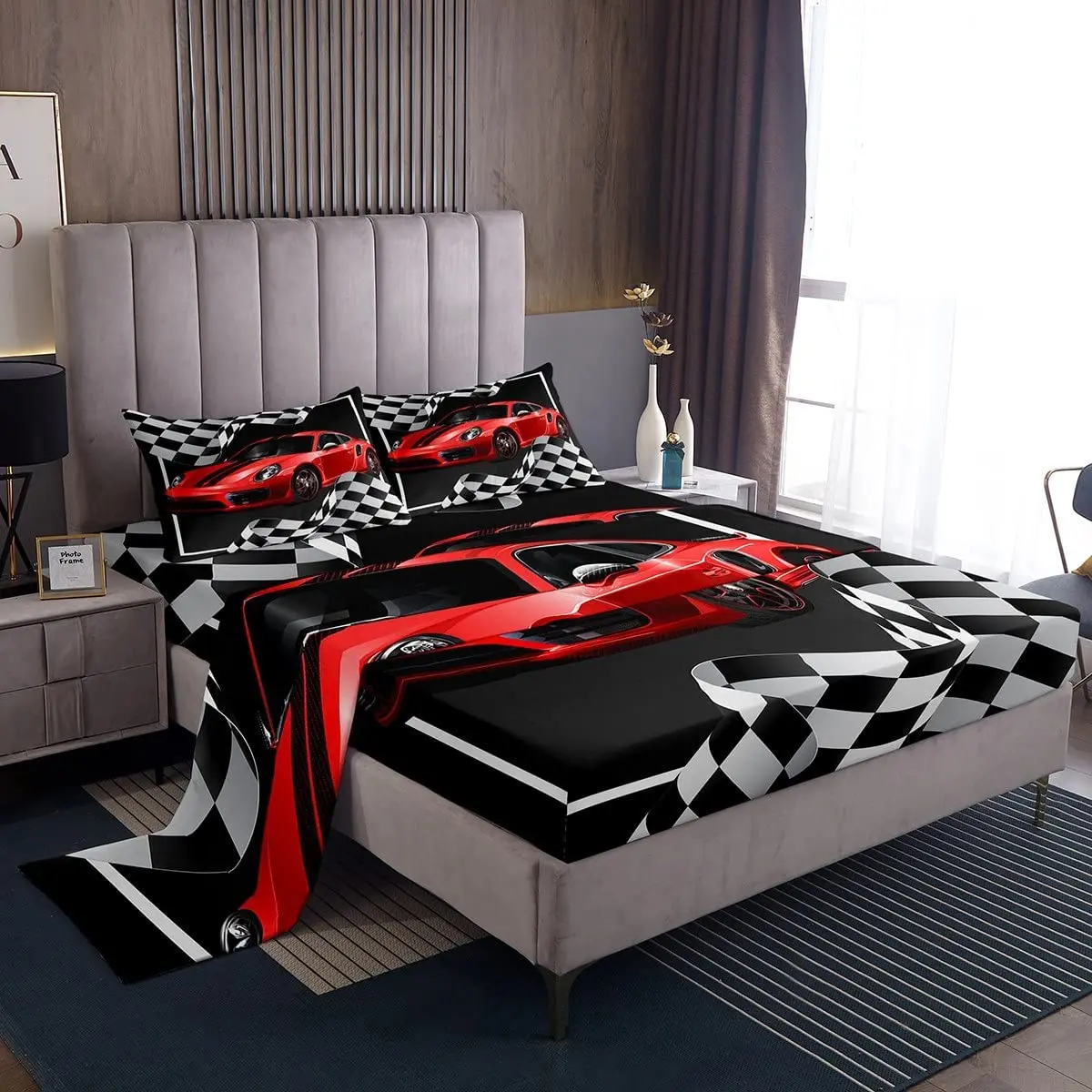 Red Race Car Sheet Set Black and White Grid Bedding for Kids Teens Room Decor,Soft Breathable Extreme Sport Bed Sheet Set 4pcs
Red Race Car Sheet Set Black and White Grid Bedding for Kids Teens Room Decor,Soft Breathable Extreme Sport Bed Sheet Set 4pcs