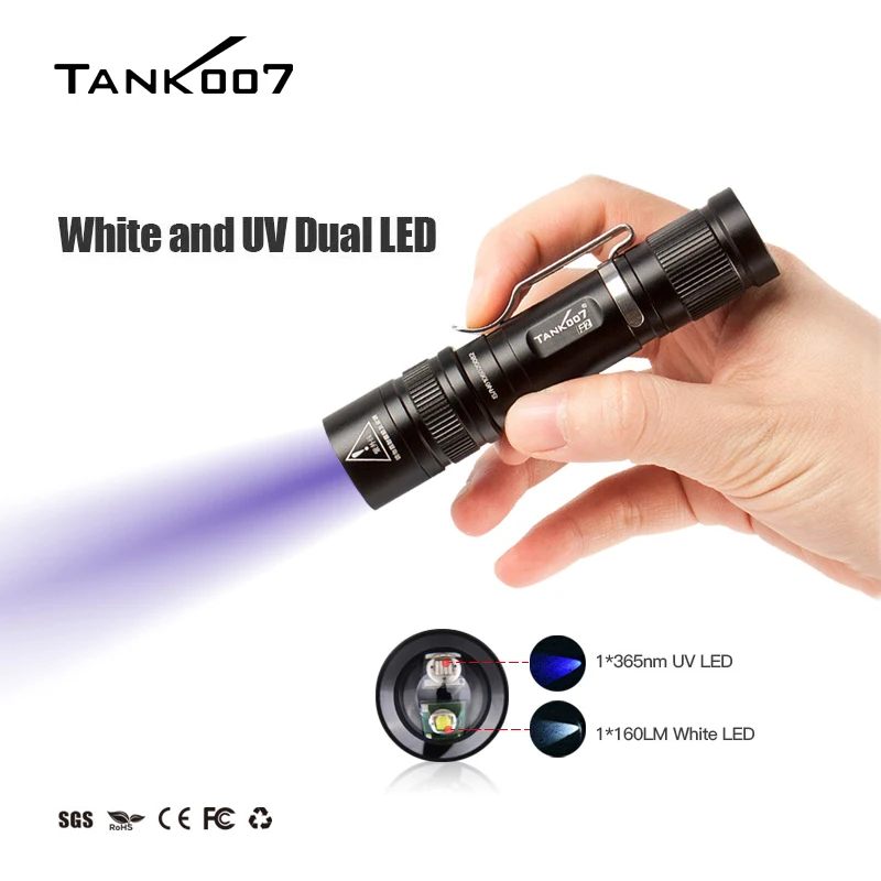 

TANK007 F2 Double Light Flashlight 365NM UV LED 3W 160LM 130M Lighting LED Flashlights EDC Anti-fake Detection Mini Torch