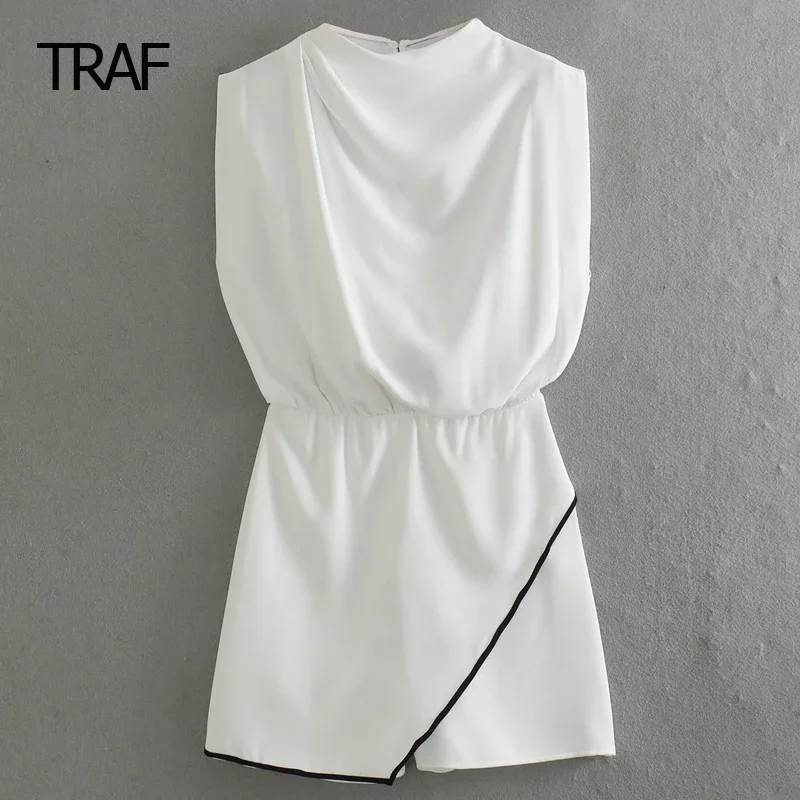 

TRAF O-Neck Sleeveless Short Jumpsuit Women's Jumpsuit Spring Summer 2024 Ruffled Contrast Jumpsuits Chic And Elegant Jumpsuits