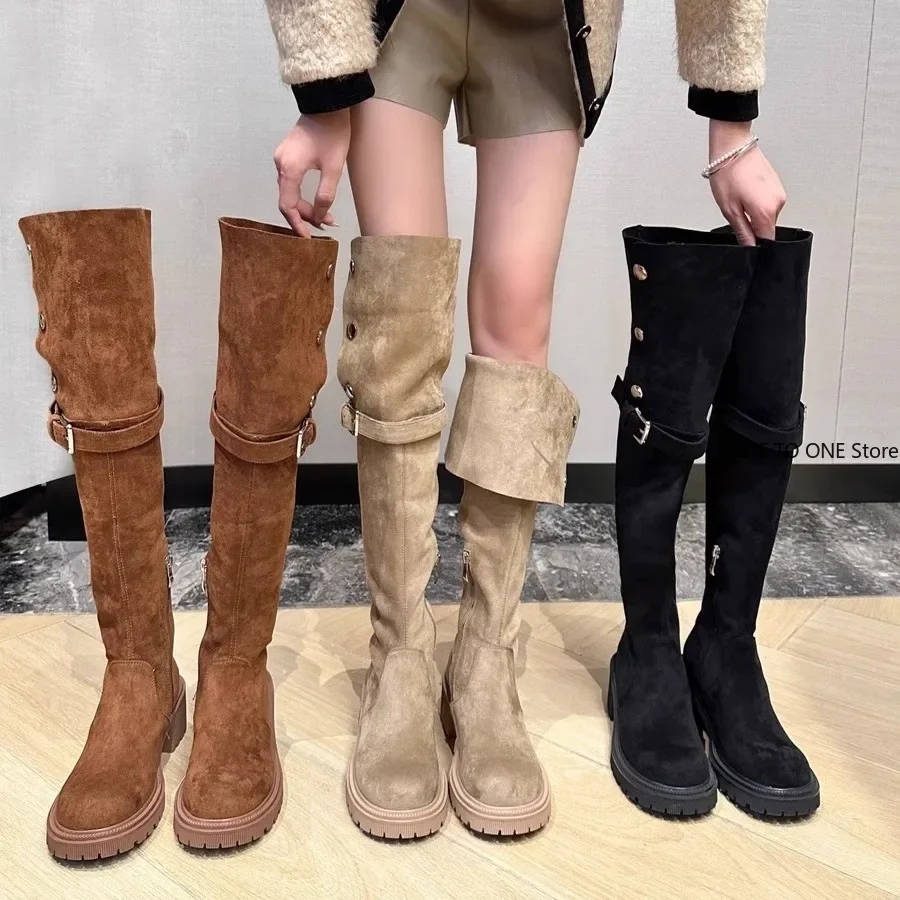 

Женские Ковбойские Сапоги выше колена, зимняя обувь на платформе, модные замшевые сапоги на танкетке с мехом, высокие сапоги до бедра, мотоциклетная обувь для женщин, 2024