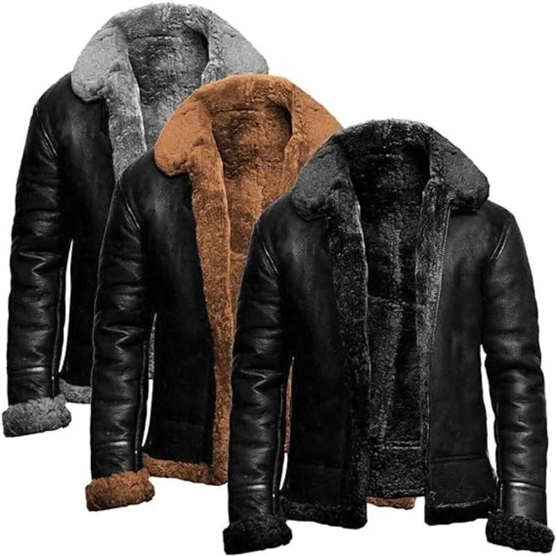 

Men's Leather Jacket Fleece-Lined Lapel Casual Coat Faux Suede Sherpa Lined Sheepskin Outwear Winter Vintage Trucker Cardigan