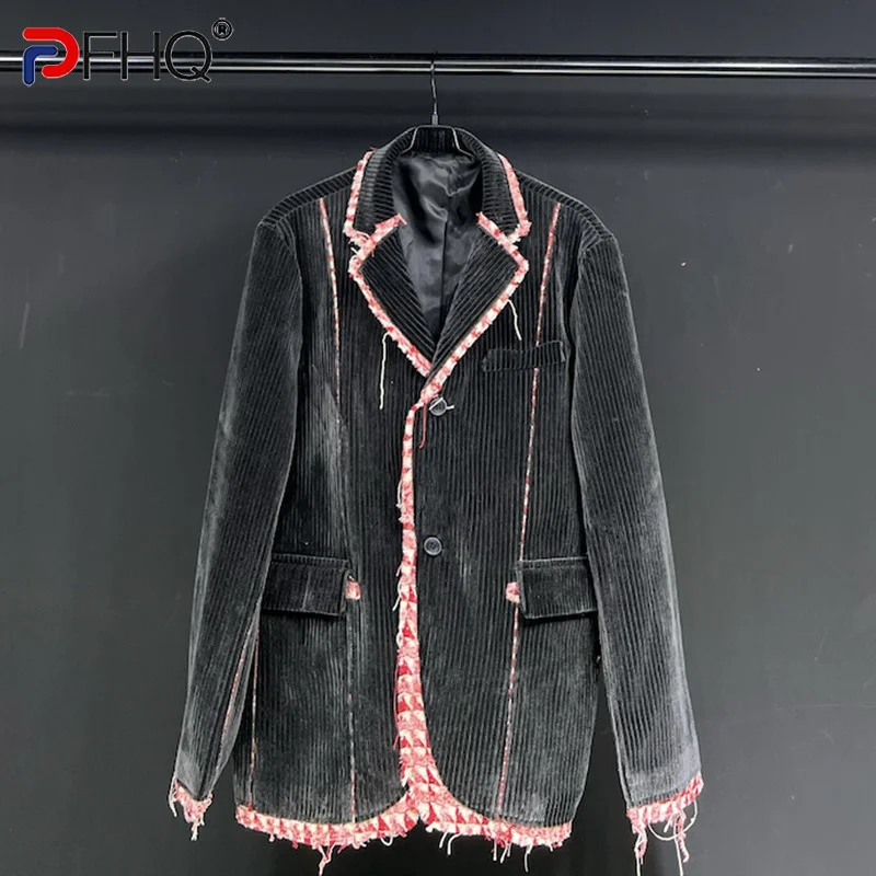 

PFHQ Original Blazers Chenille Splicing Wornout Hem Men's Suit Jackets High Quality Autumn Handsome Trendy Button Coat 21F1412