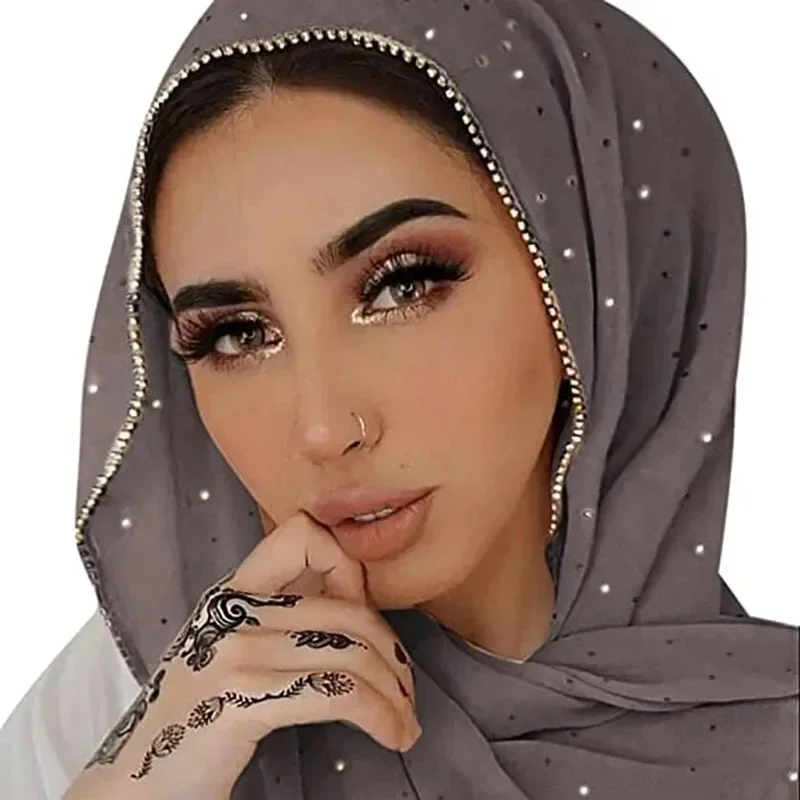 

180*75cm Luxury Diamond Headband Diamond Chain Headscarf Chiffon Muslim Women Hijabs Islamic Long Scarf Veil Muslim Scarf Shawl