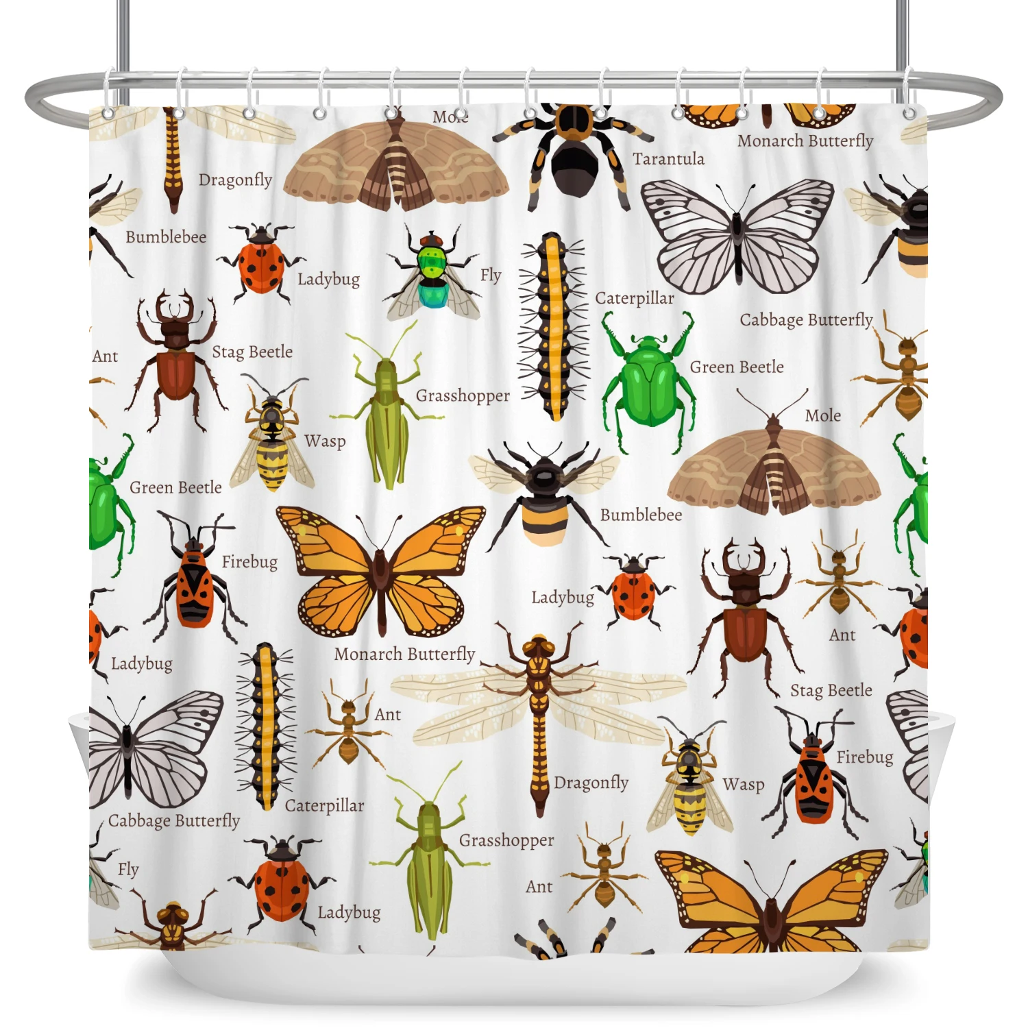 

Bugs Shower Curtain Grasshopper Ladybug and Butterfly Dragonfly Illustration Bathroom Decor Colorful Various Bugs Bath Curtains