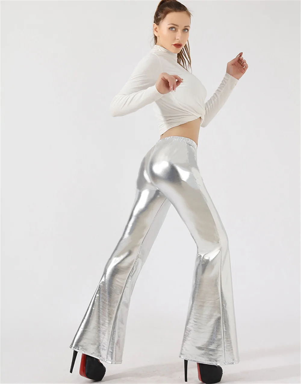 

Women's Metallic Shinny Flared Pants Sequins High Waist Stretchy Bell Bottom Flare Pants Tall Girl Disco Wide Leg