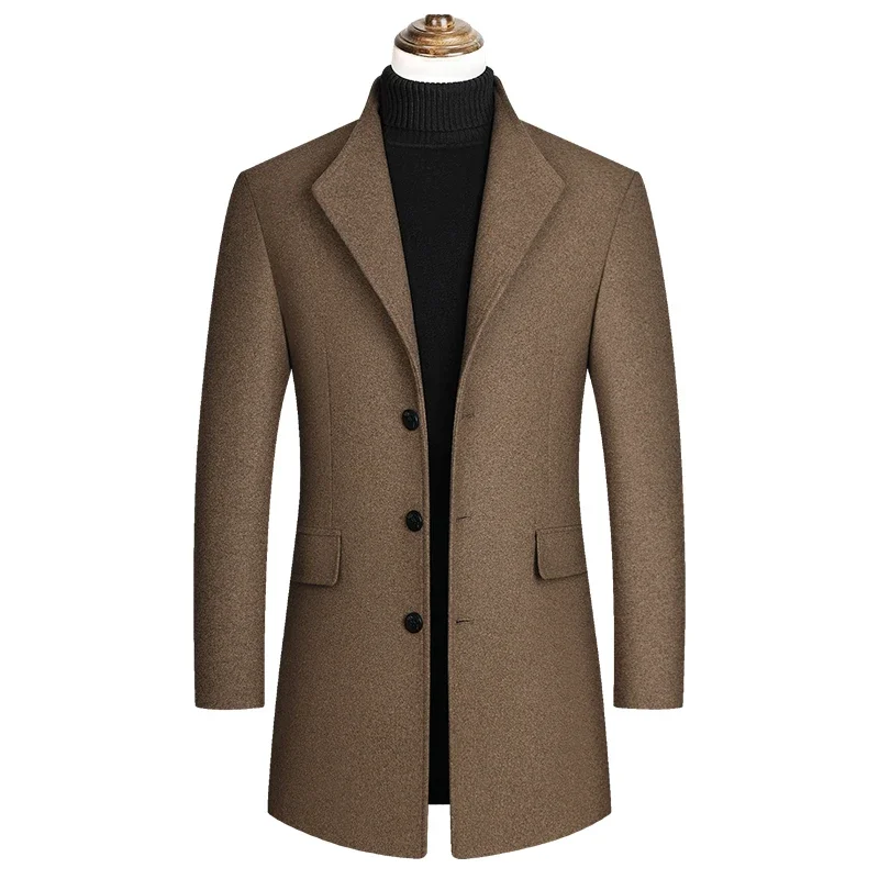 

2023 Fine Men's Fashion Slim Fit Wool Overcoat Overcoat Business Casual Simple Medium Length Single Breasted Woollen Trench Coat