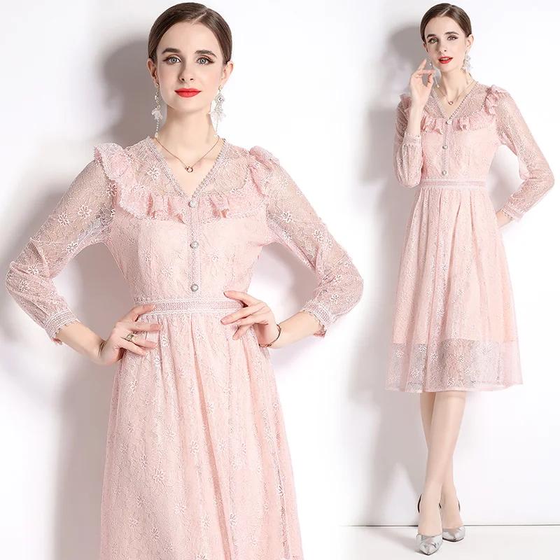 Spring/Summer New Temperament Sweet Pink Dress Women's V-Neck Long Sleeve Slim Fit Flower Embroidered Mid Length A-line Skirt
Spring/Summer New Temperament Sweet Pink Dress Women's V-Neck Long Sleeve Slim Fit Flower Embroidered Mid Length A-line Skirt