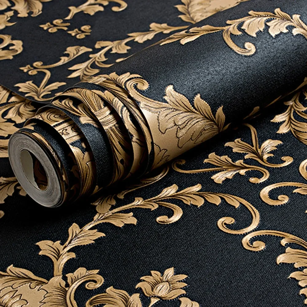 

High Grade Black Gold Luxury Embossed Texture Metallic 3D Damask wallpaper for wall Roll washable Vinyl PVC