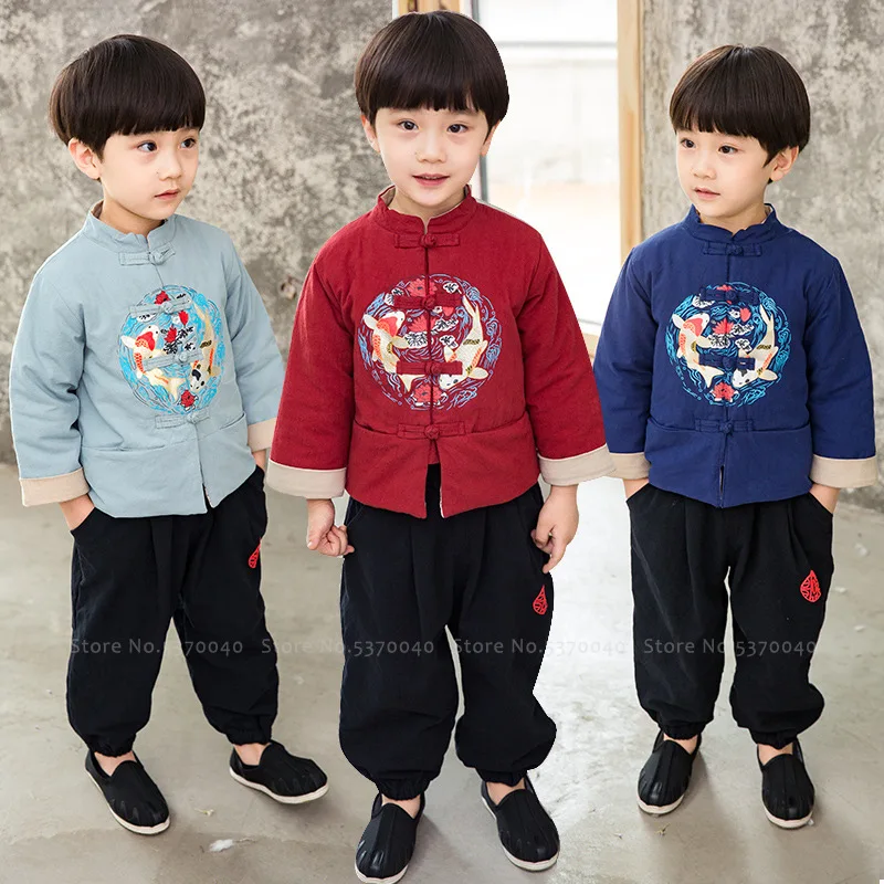 

3Colors Children Chinese Style Print Tang Suit Boys Baby Winter Hanfu Coats Pants Kids New Year Clothes Oriental Clothing Set