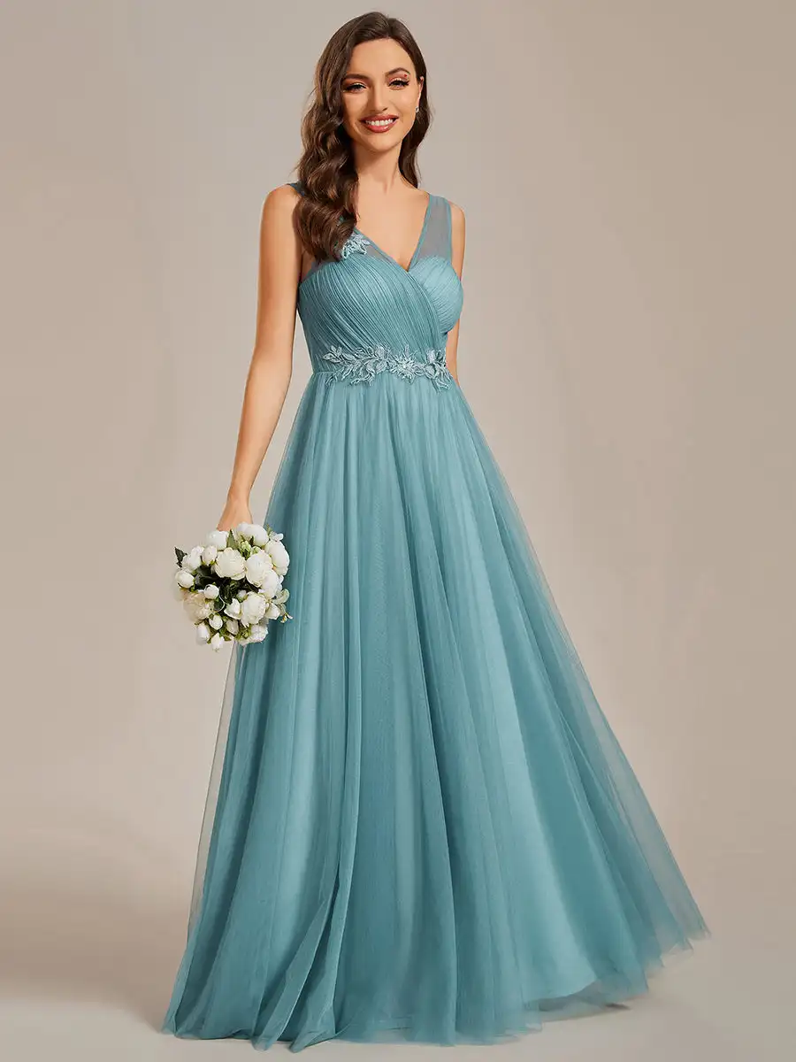 

Elegant Evening Dress Backless Deep V Neck Appliques Mesh Floor-Length 2024 Ever Pretty of Gauze Dusty blue Bridesmaid Dress