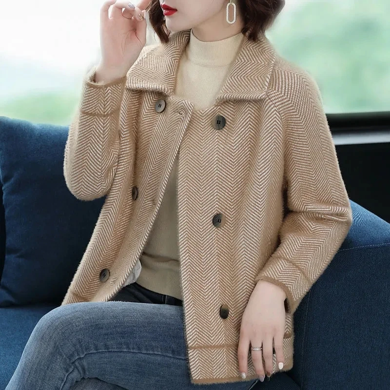 

Mother's Imitation Mink Velvet Knitted Cardigan Jacket Autumn New Thicken Sweater Coat Middle Aged Women Plaid Woolen Overcoat