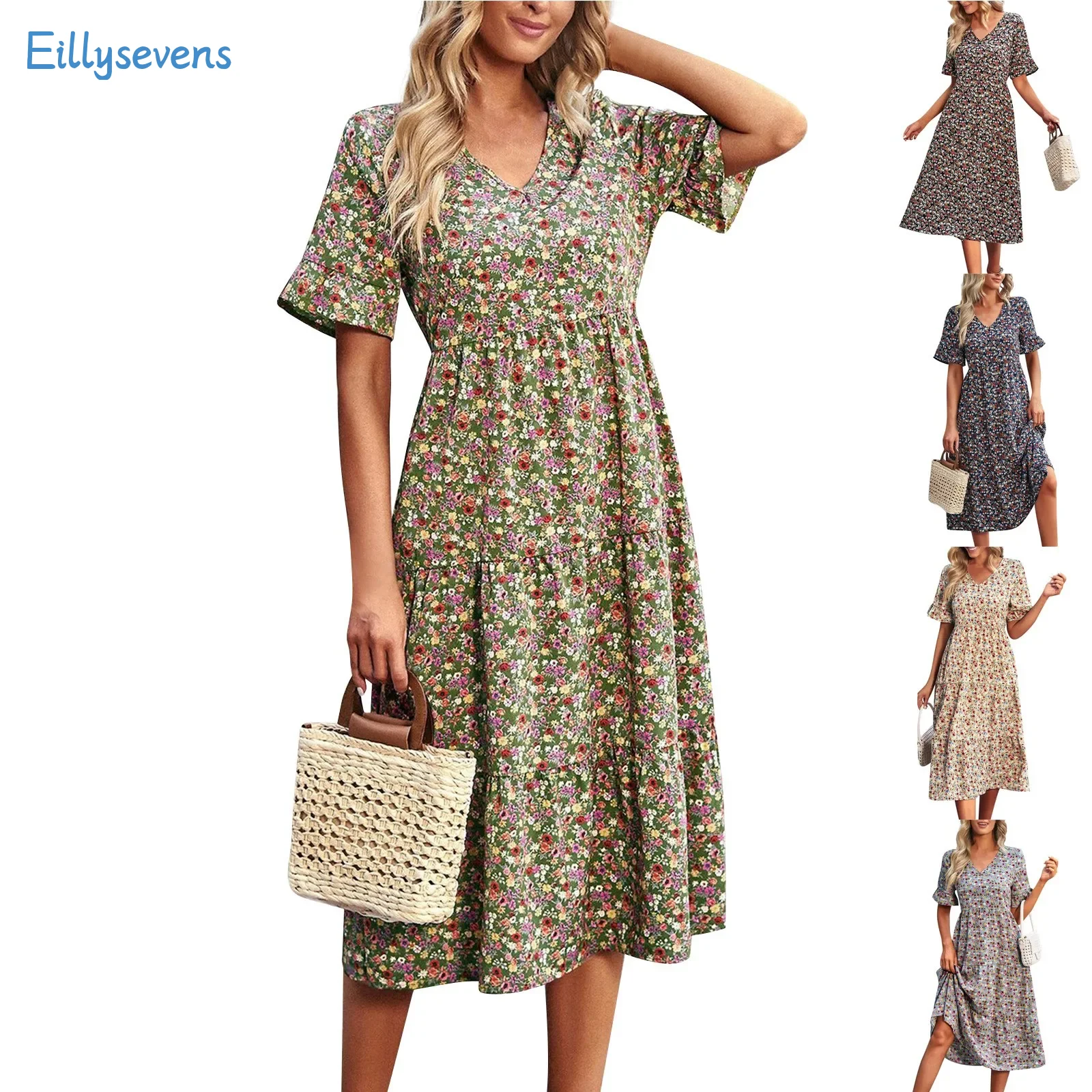 Floral Dress For Women Fashion Trend Classic V-Neck Short Sleeve Elegant Dress Summer Leisure Resorts Daily Date All-Match Dress
Floral Dress For Women Fashion Trend Classic V-Neck Short Sleeve Elegant Dress Summer Leisure Resorts Daily Date All-Match Dress
