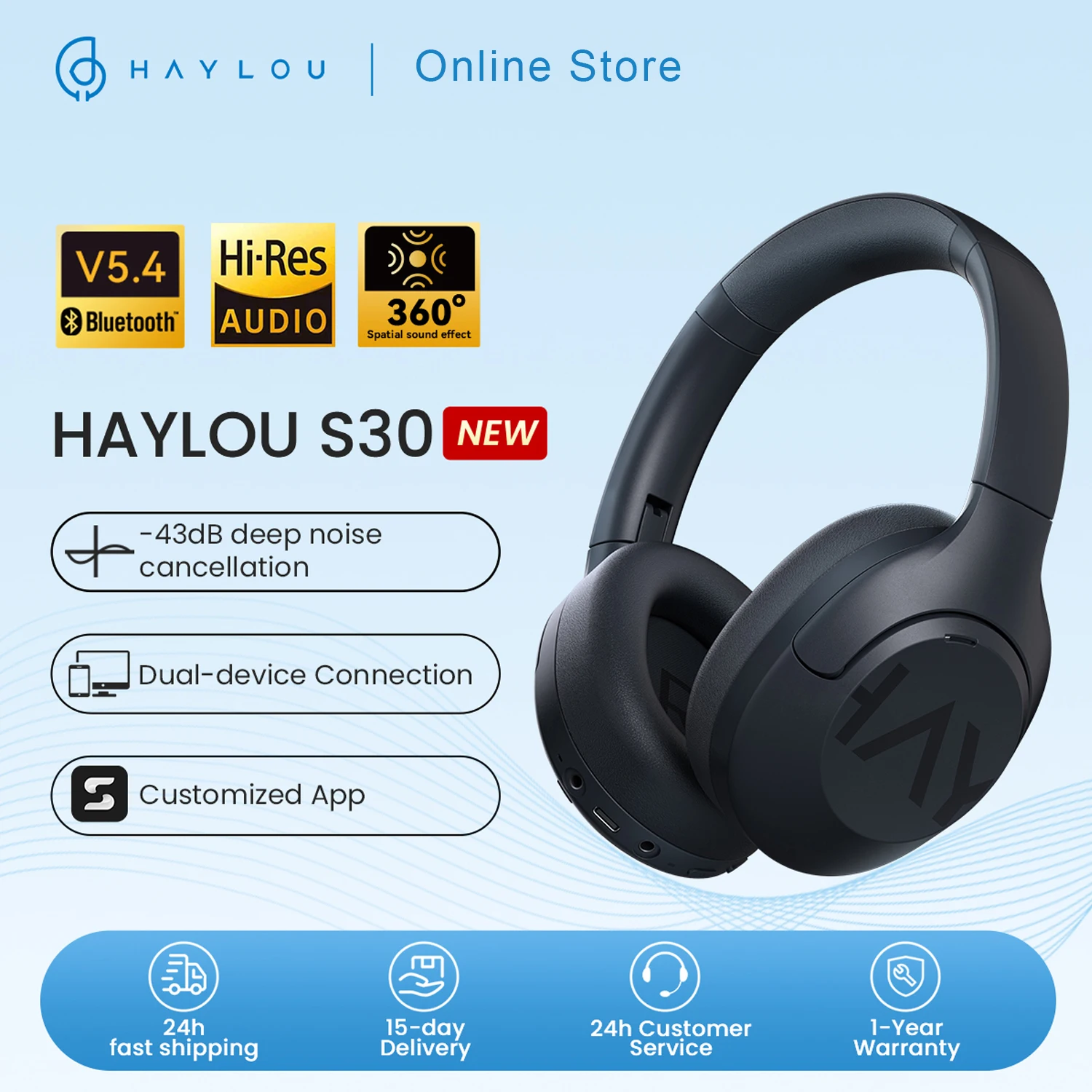 

HAYLOU S30 Wireless Bluetooth 5.4 80H Playtime Earphones Over Ear Headphones 43dB Adaptive Noise Cancelling Headsets 40mm Driver